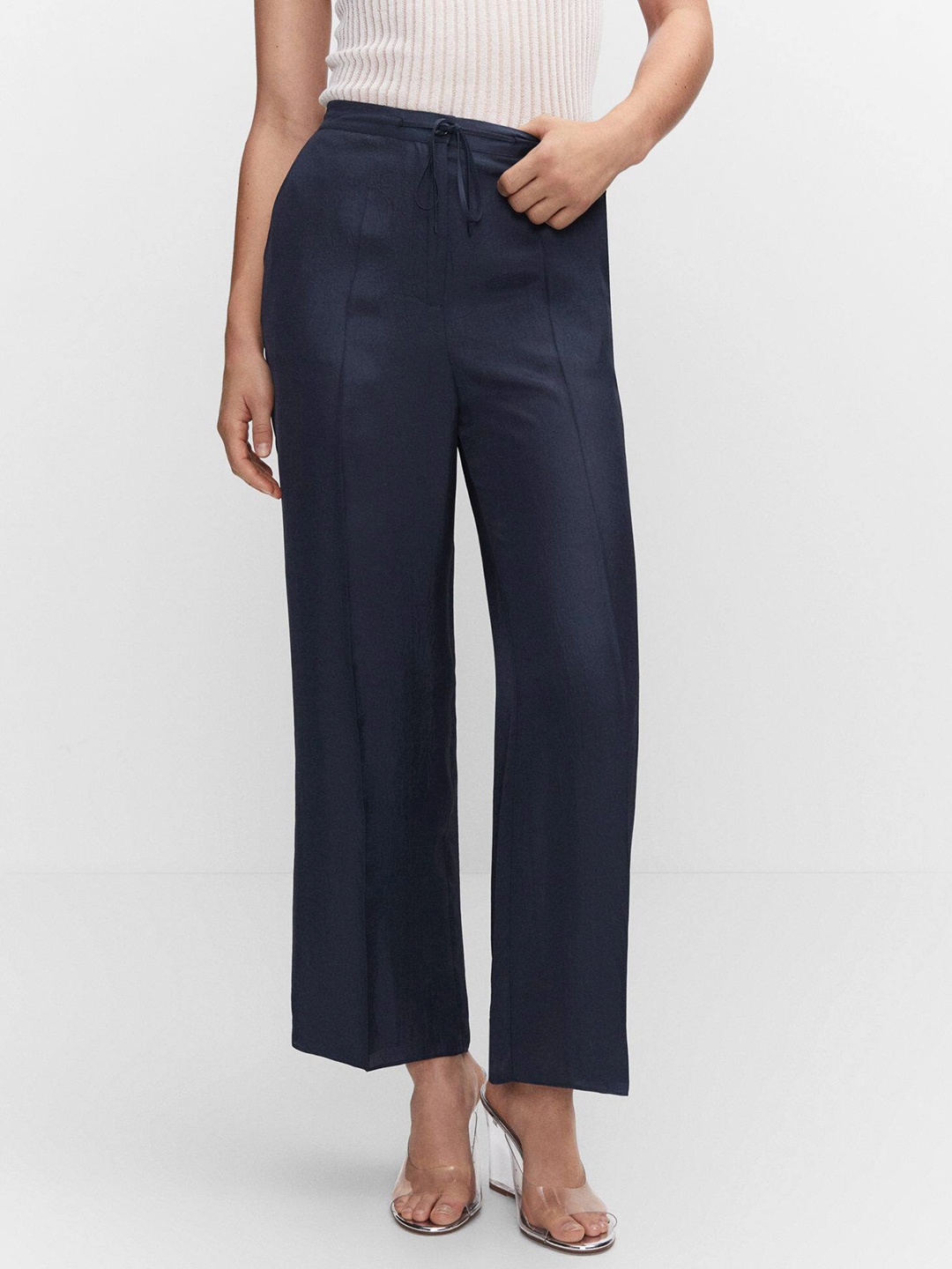 

MANGO Women Straight Fit Pleated Trousers, Navy blue