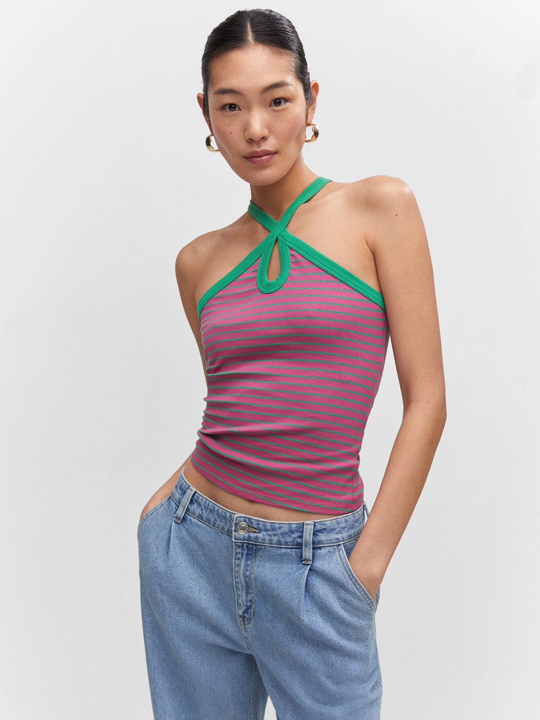 

MANGO Striped Cross-Halter Neck Knitted Top, Fuchsia