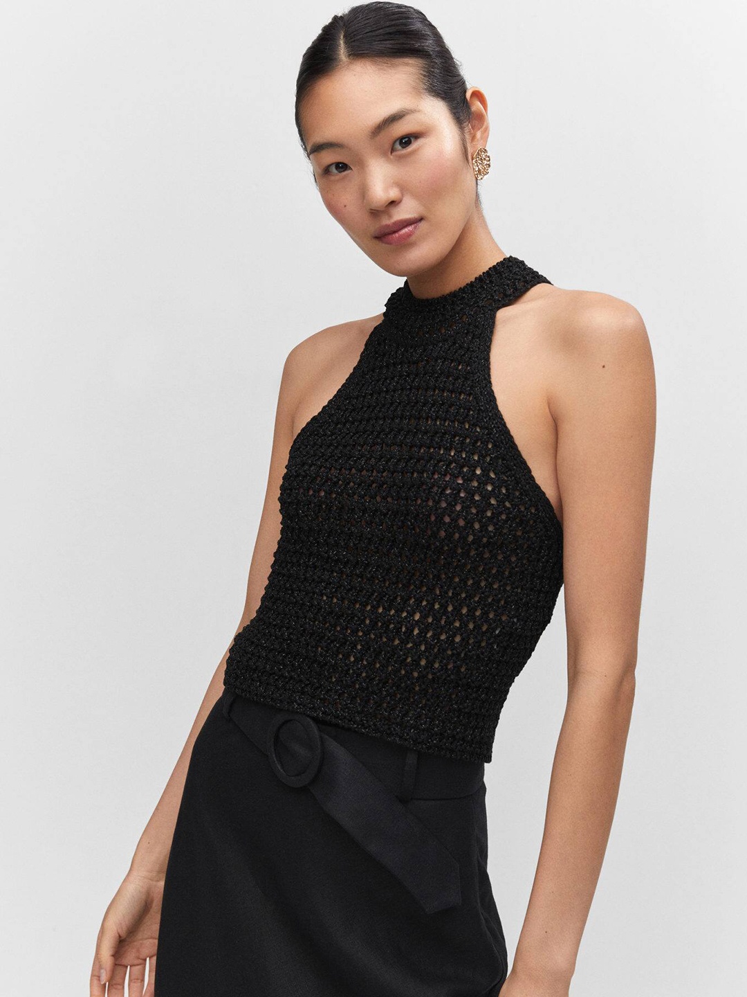 

MANGO Open-Knit Tank Top, Black