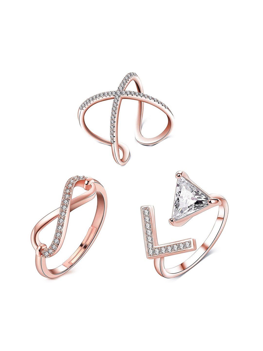 

Yellow Chimes Set Of 3 Rose Gold Plated Crystal Studded Finger Rings