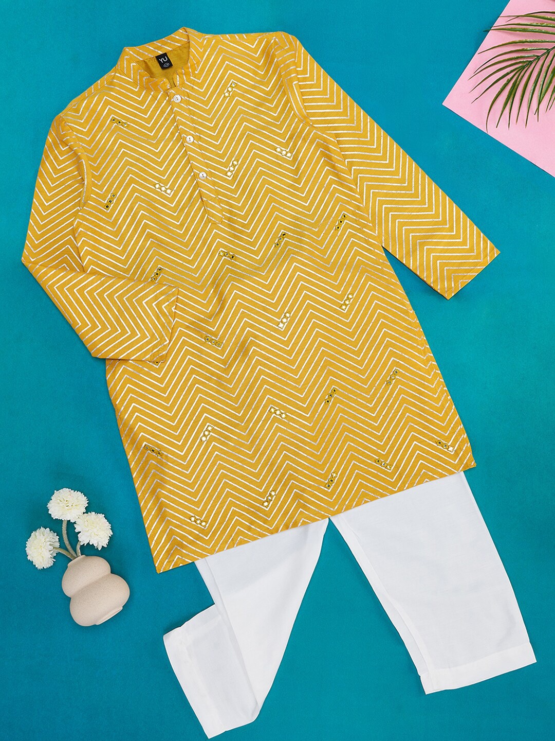 

YU by Pantaloons Boys Printed Mirror Work Kurta with Trousers, Mustard