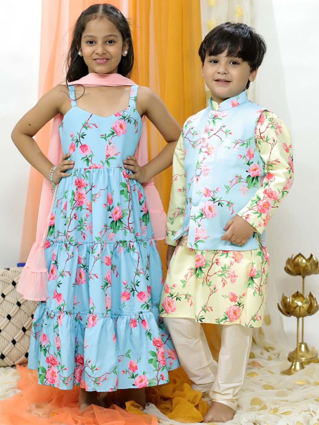 

VASTRAMAY Boys Mandarin Collar Floral Printed Regular Kurta With Pyjamas, Yellow