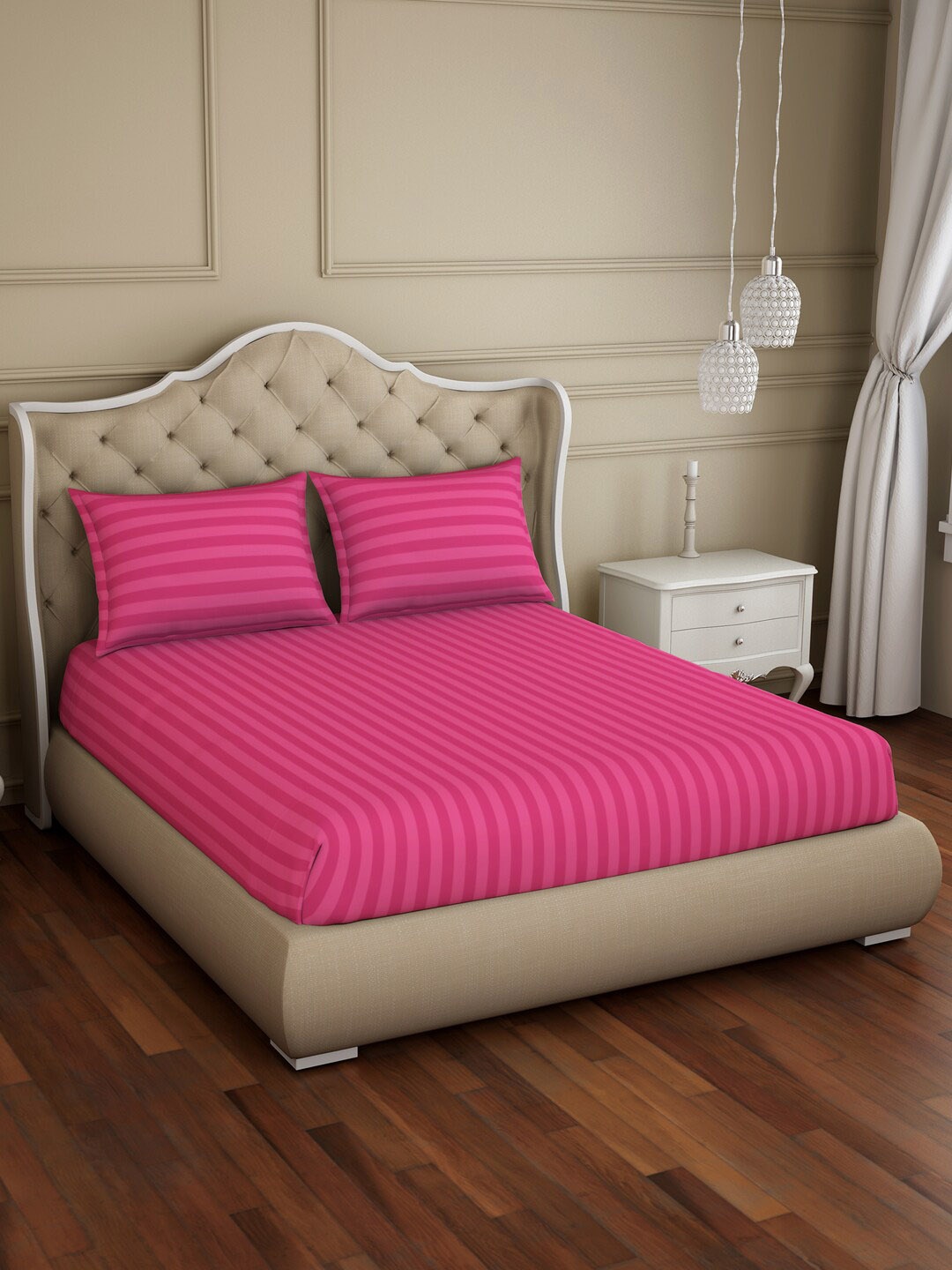 

SPACES Skyrise Pink Striped Pure Cotton 210 TC King Bedsheet With 2 Pillow Covers