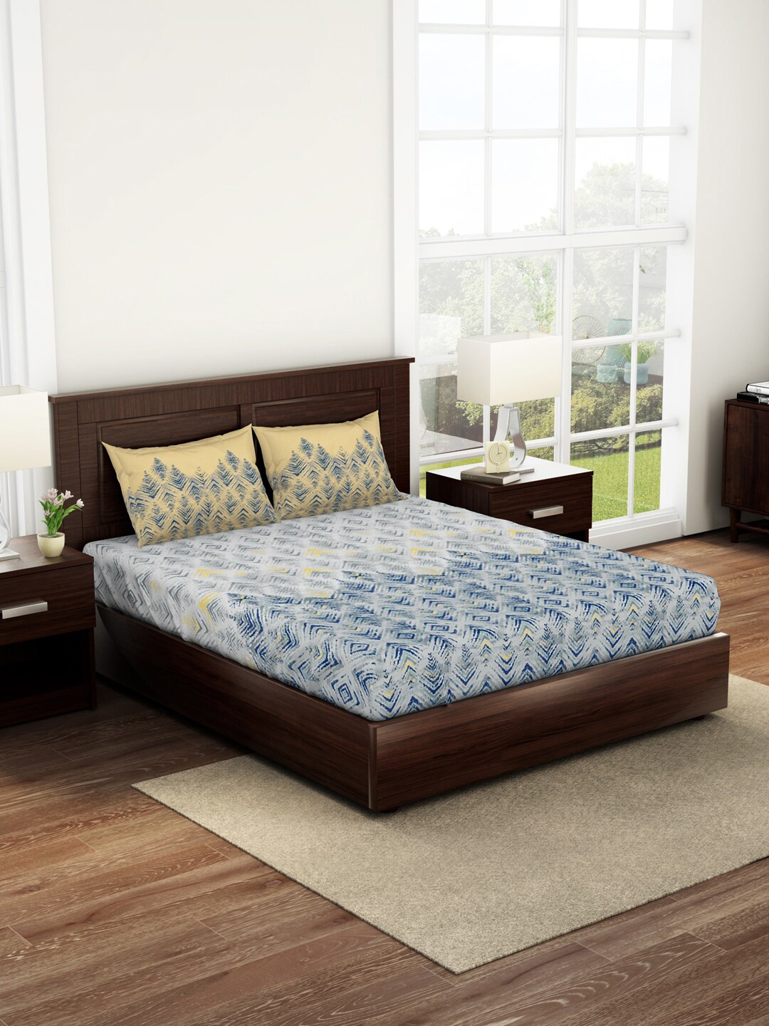 

SPACES Geostance Grey & Green Printed Pure Cotton 144 TC Fitted Queen Bedsheet Set