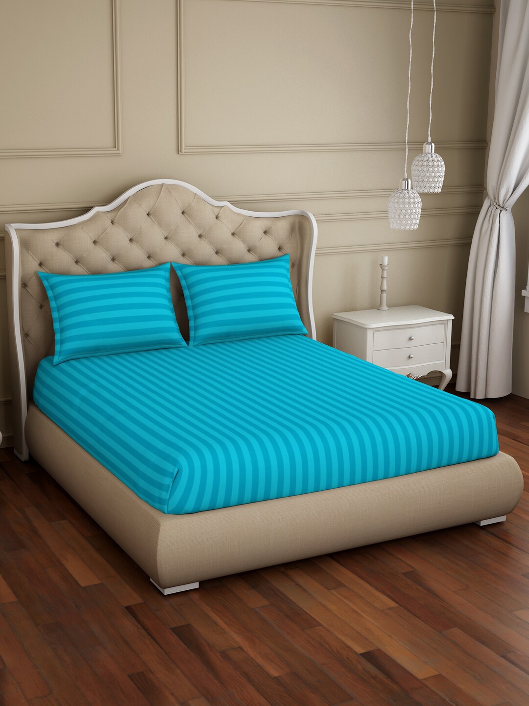 

SPACES Skyrise Blue Striped Pure Cotton 210 TC King Bedsheet With 2 Pillow Covers