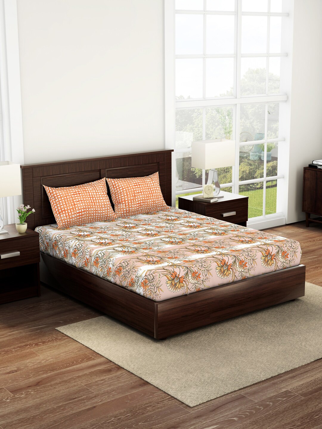 

SPACES Bonica Tan & Orange Printed Pure Cotton 144 TC King Bedsheet With 2 Pillow Covers