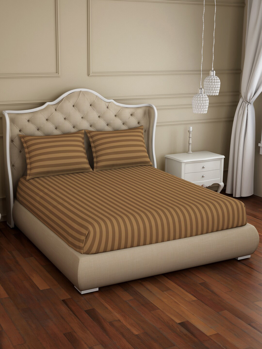 

SPACES Skyrise Brown Striped 210 TC Cotton King Bedsheet with 2 Pillow Covers