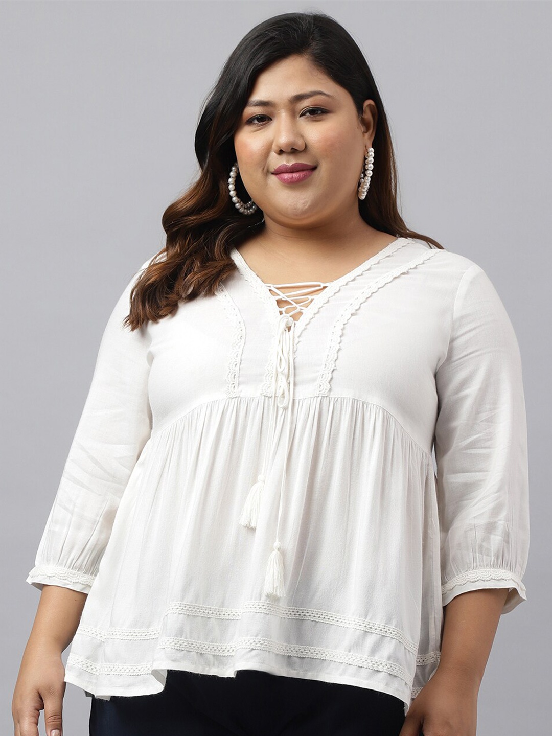 

XL LOVE by Janasya Tie-Up Neck Lace Puff Sleeves Empire Top, White