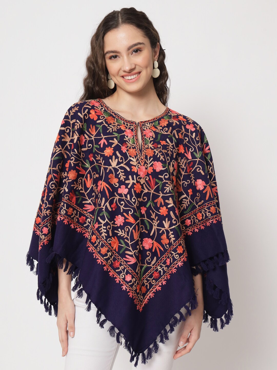 

Zamour Floral Poncho With Kashmiri Embroidered Detail, Blue