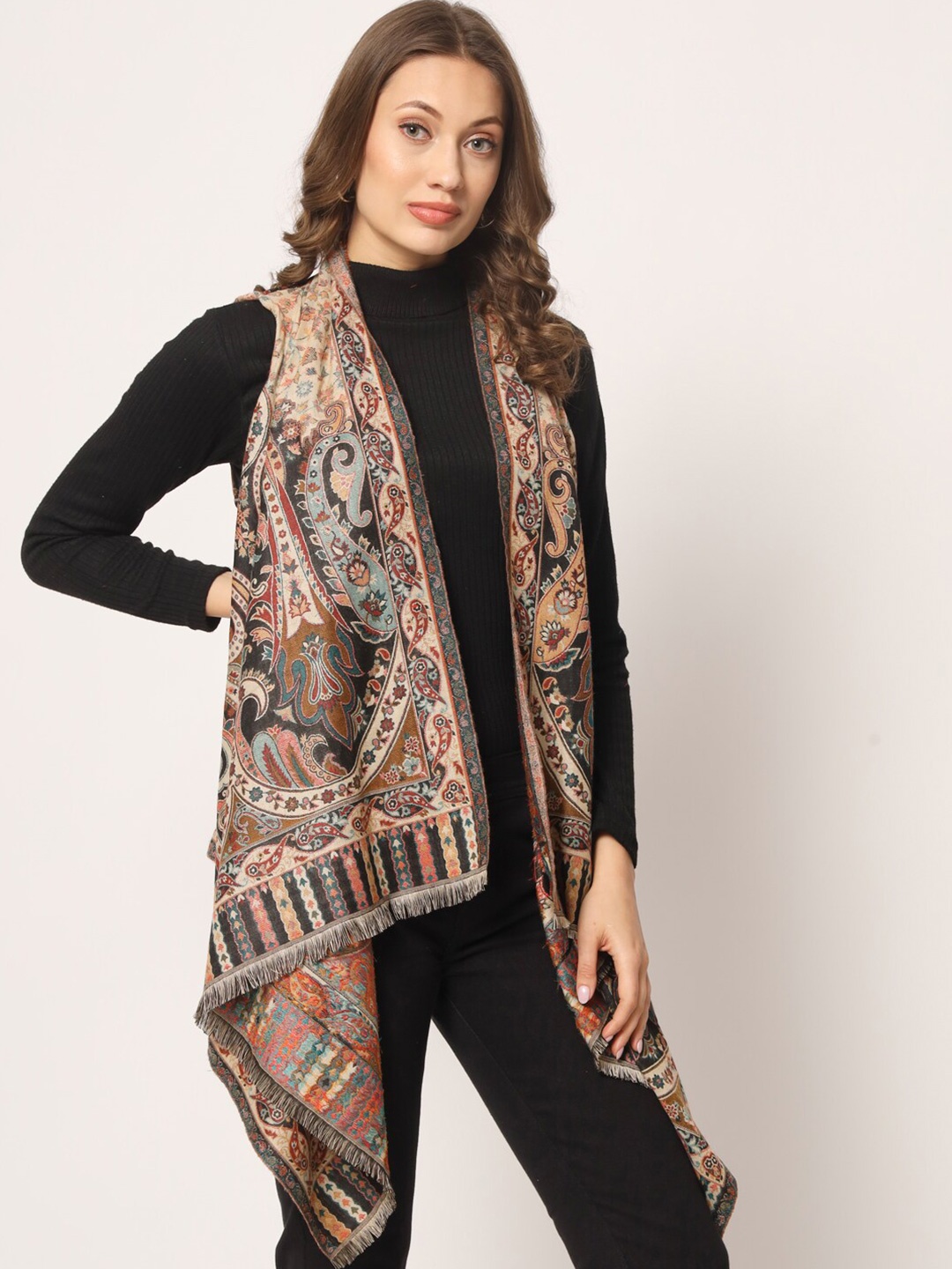 

Zamour Ethnic Motifs Self Design Longline High Low Acrylic Shrug, Grey