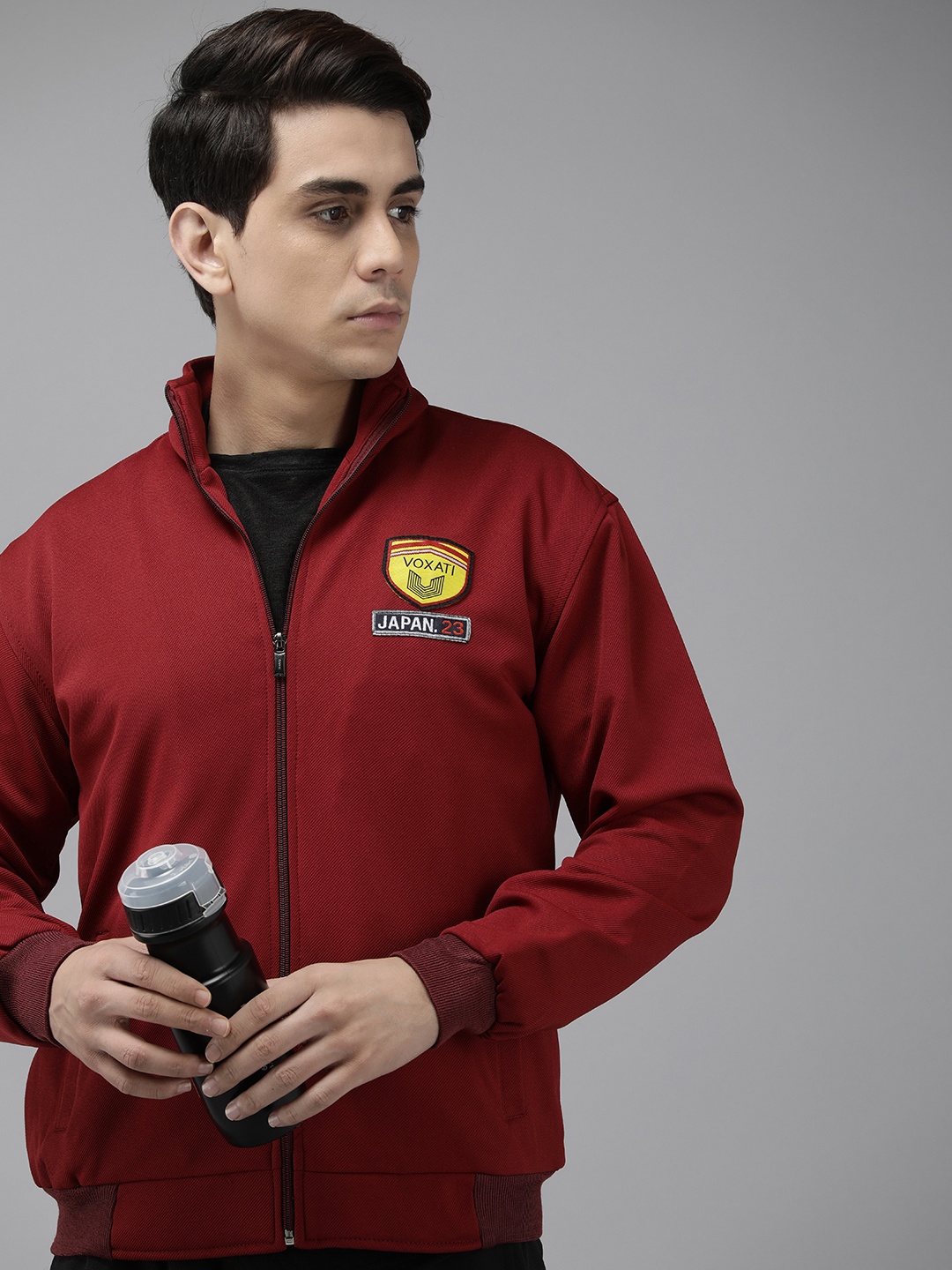 

VOXATI Men Solid Sporty Jacket with Patchwork, Maroon