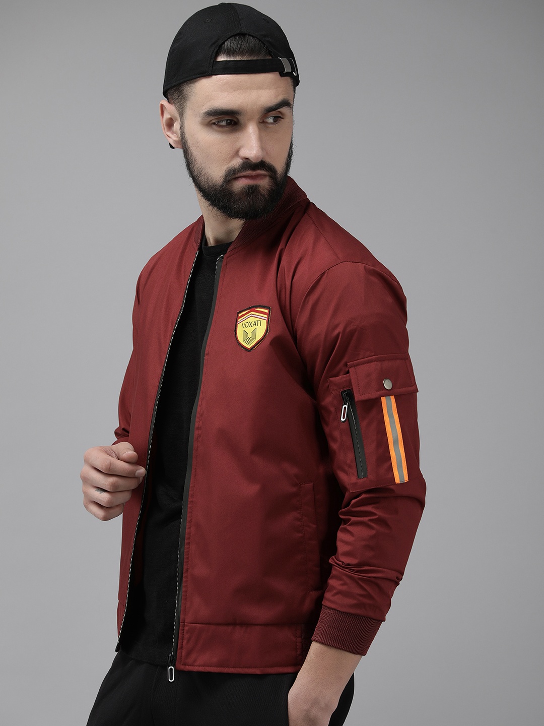 

VOXATI Men Solid Sporty Jacket with Patchwork, Maroon