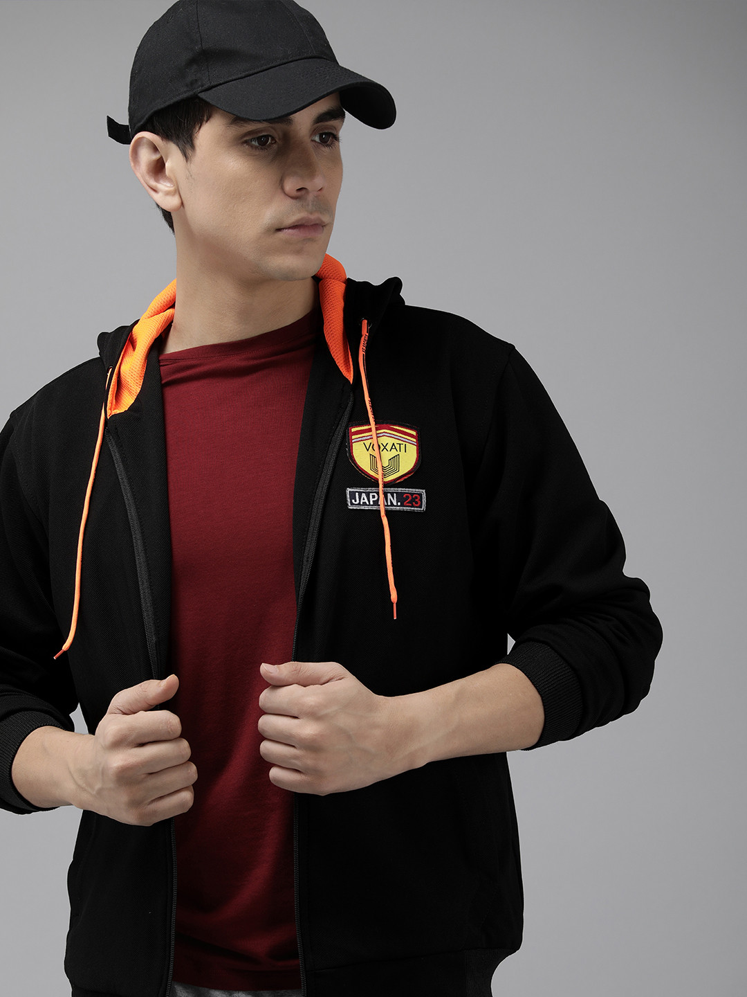 

VOXATI Men Solid Sporty Jacket with Patchwork, Black