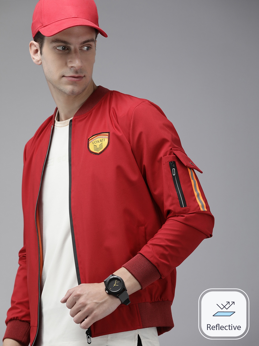 

VOXATI Men Solid Sporty Jacket with Patchwork, Maroon