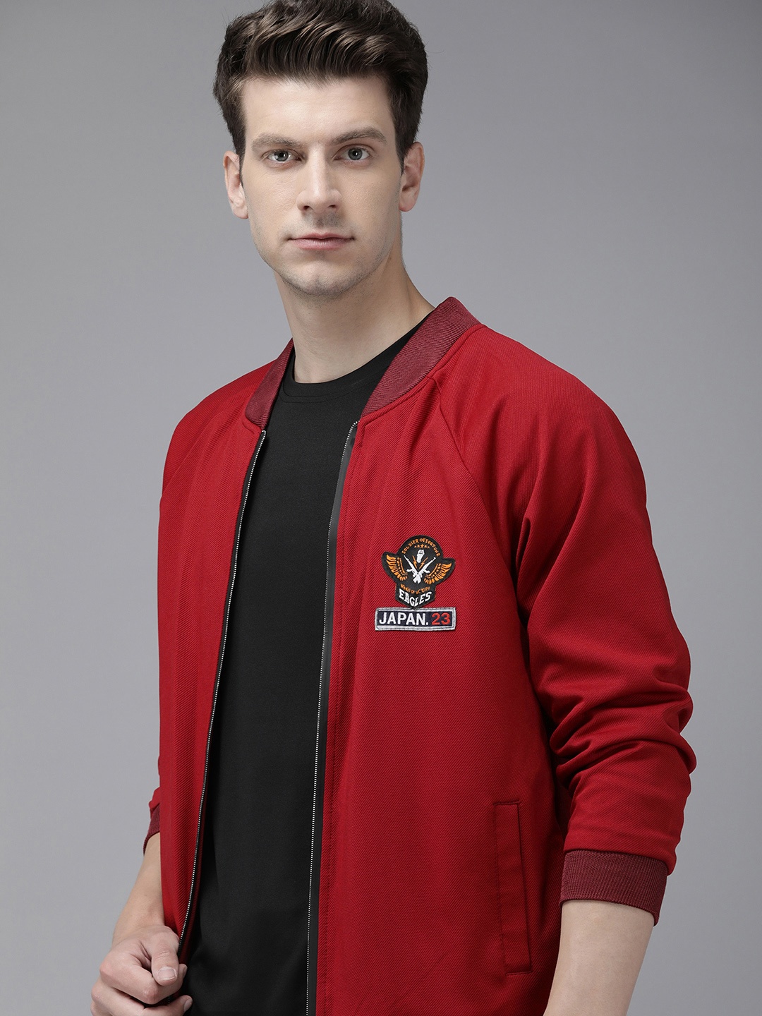 

VOXATI Men Solid Sporty Jacket with Patchwork, Maroon