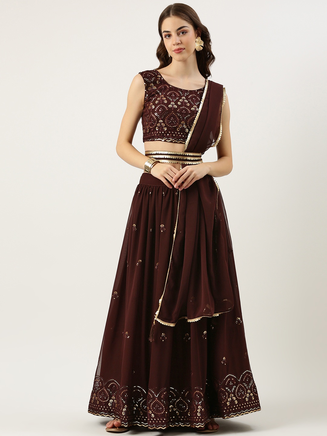 

Fabcartz Embroidered Sequinned Semi-Stitched Lehenga & Unstitched Blouse With Dupatta, Brown