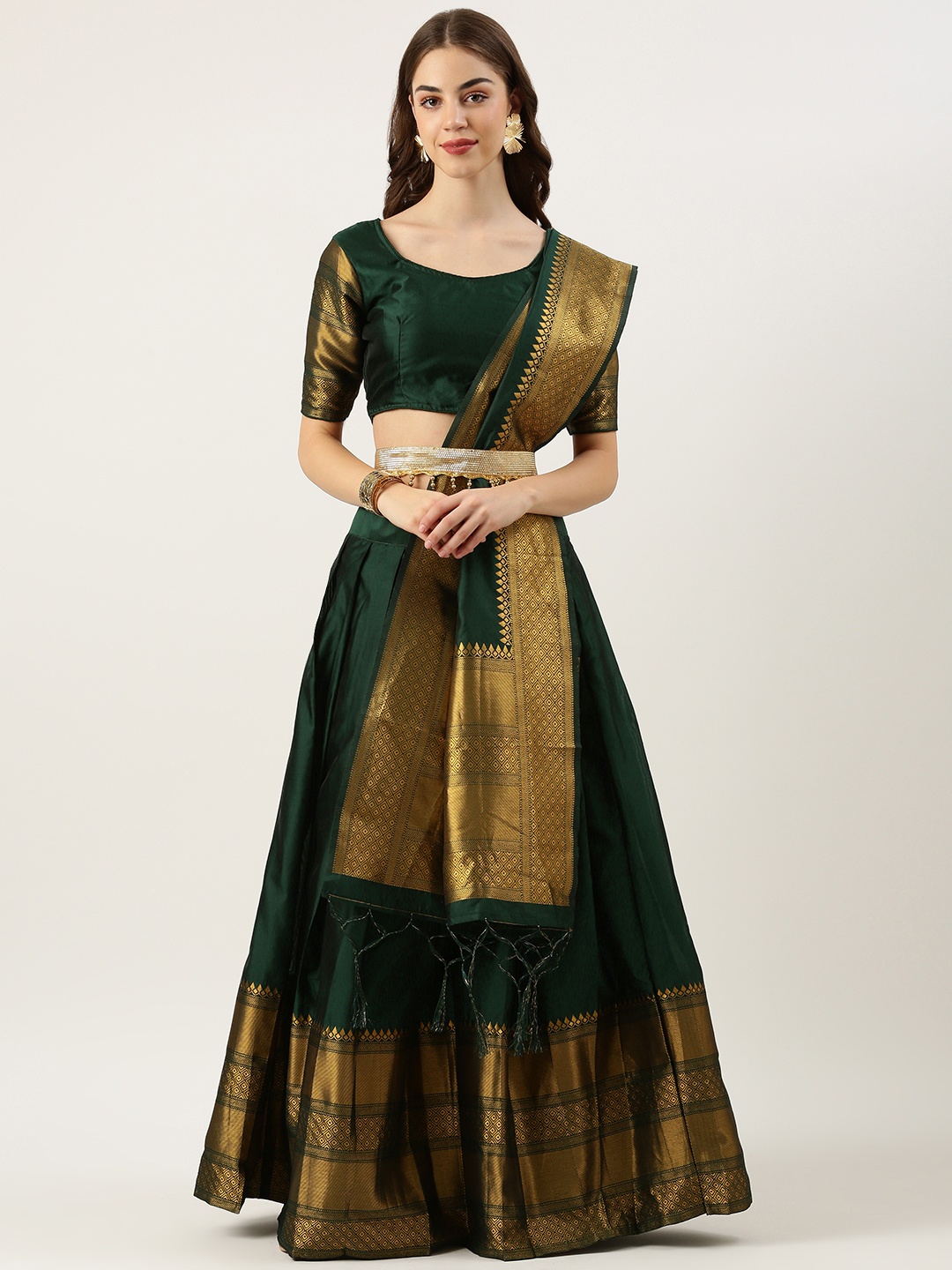 

Fabcartz Woven Design Semi-Stitched Lehenga & Unstitched Blouse With Dupatta, Green