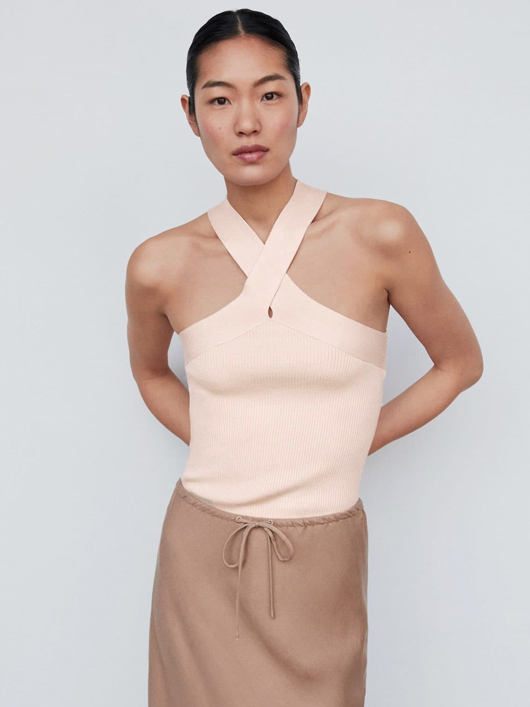 

MANGO Cross-Halter Neck Knitted Top, Beige