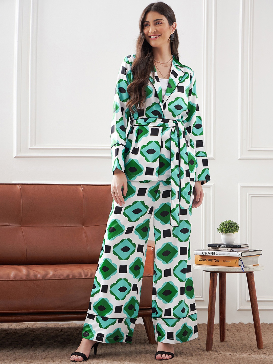 

SASSAFRAS alt-laze Printed Satin Shirt Collar Shirt With Trousers, Green