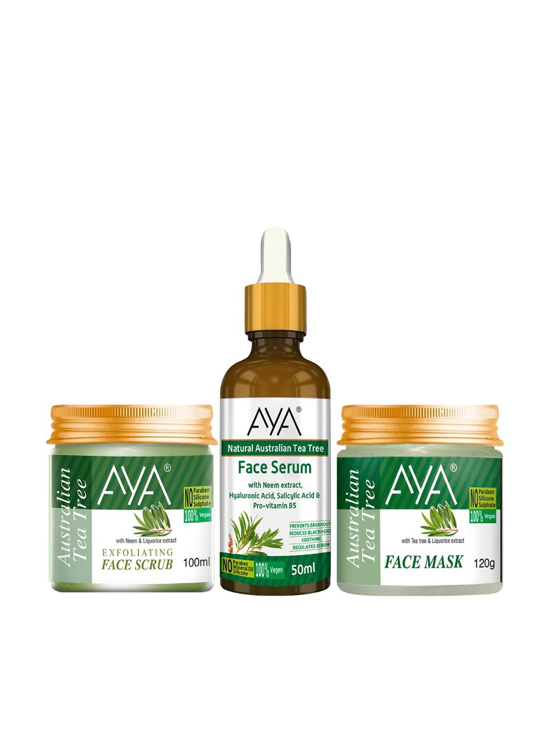 

AYA Set of Natural Australian Tea Tree Scrub 100ml + Face Serum 50ml + Face Mask 120g, Green