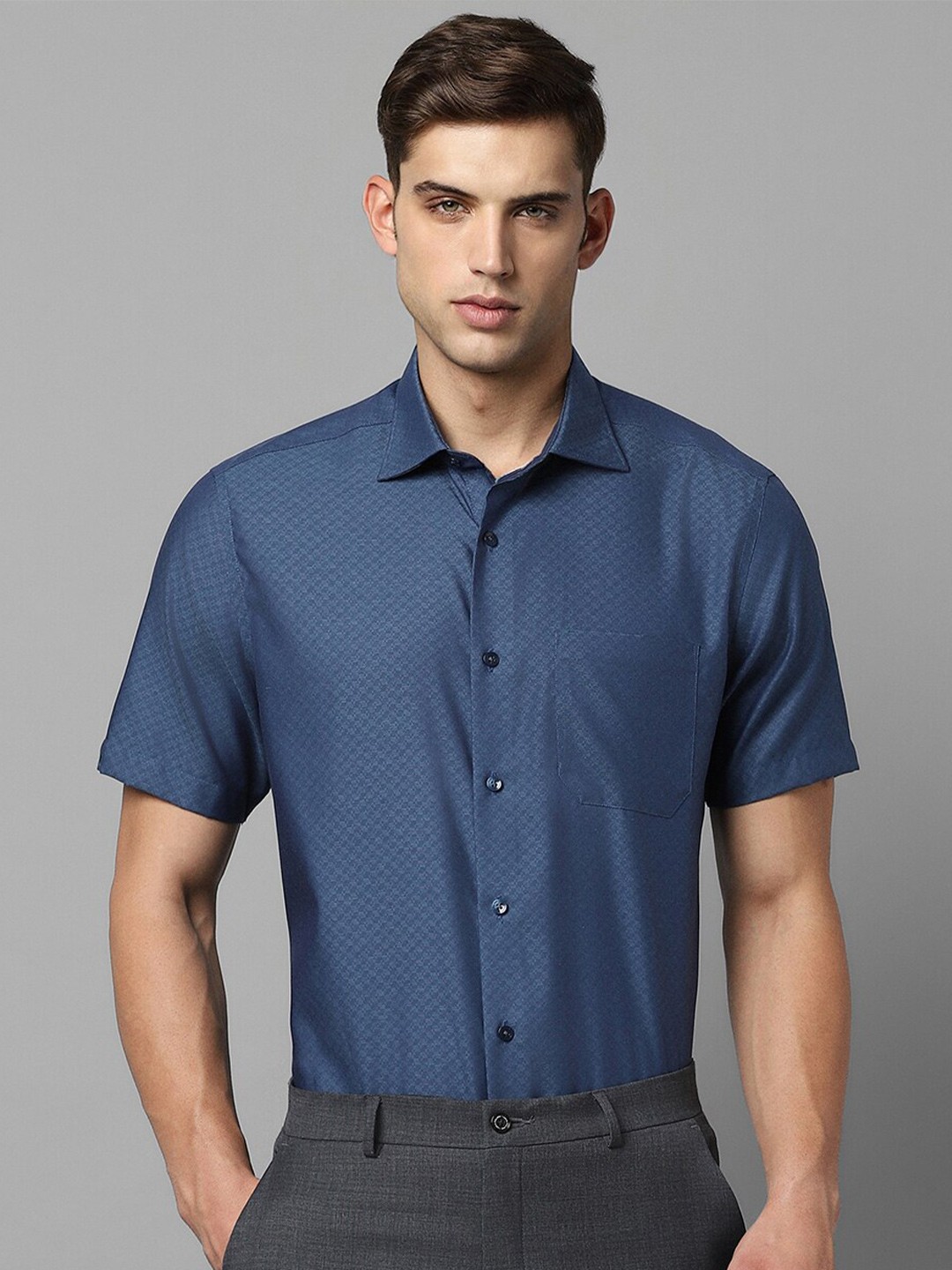 

Louis Philippe Self Design Spread Collar Pure Cotton Formal Shirt, Blue