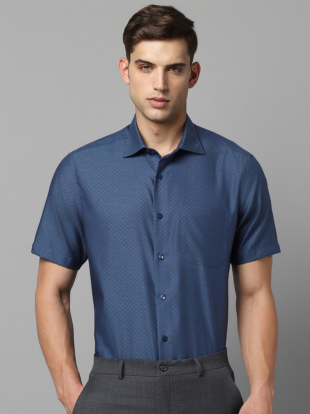 

Louis Philippe Self Design Spread Collar Pure Cotton Formal Shirt, Blue