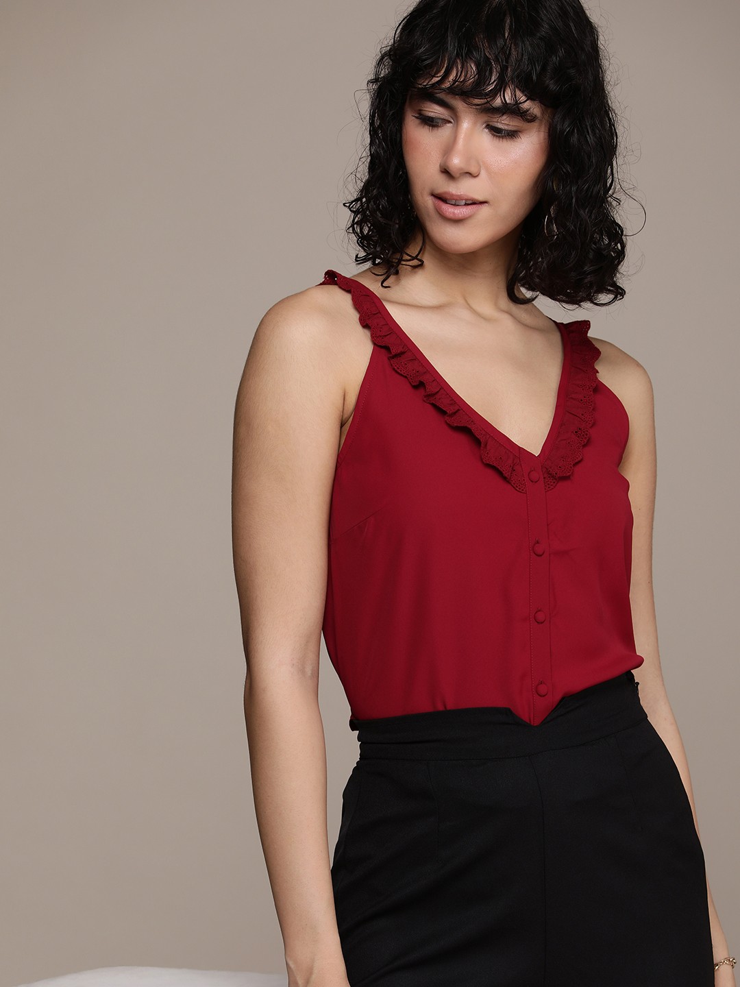 

French Connection Solid V-Neck Sleeveless Top, Maroon