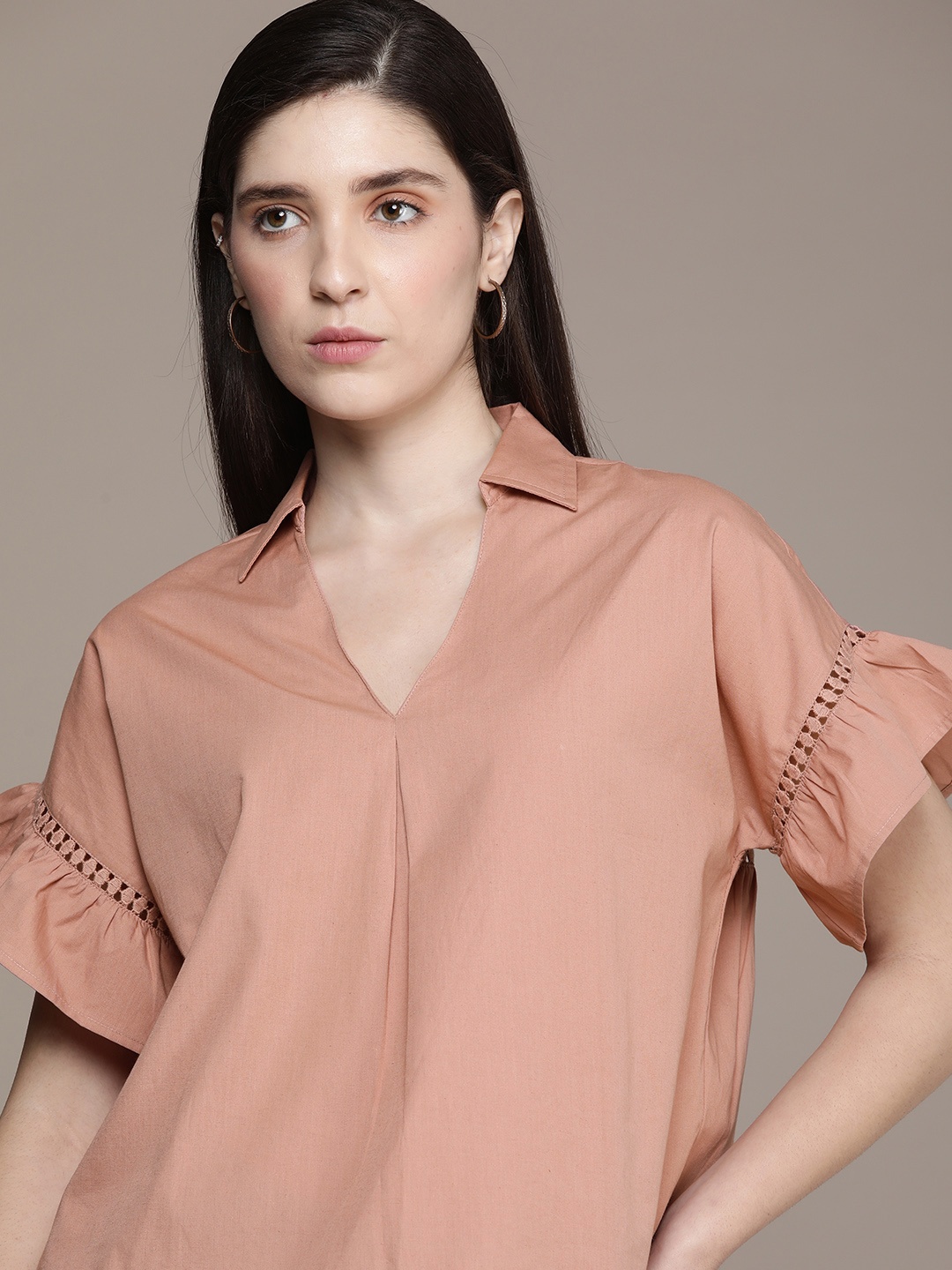 

French Connection Pure Cotton Flutter Sleeve Ruffles Top, Peach