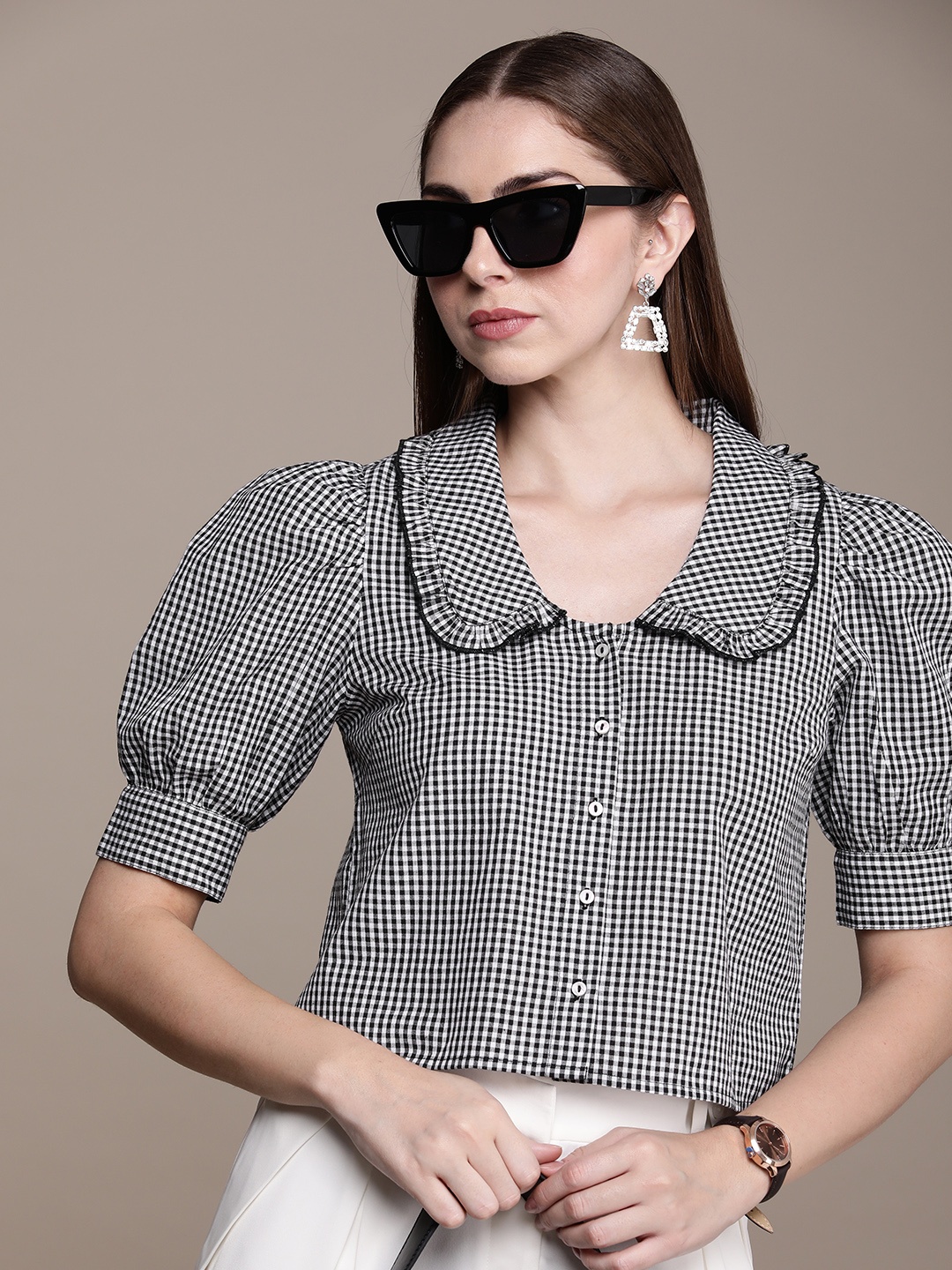 

French Connection Pure Cotton Gingham Checks Peter Pan Collar Casual Shirt, Black