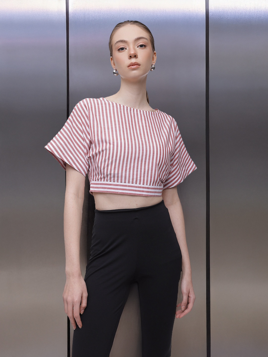 

French Connection Striped Pure Cotton Styled Back Crop Top With Tie-ups Detail, Rust