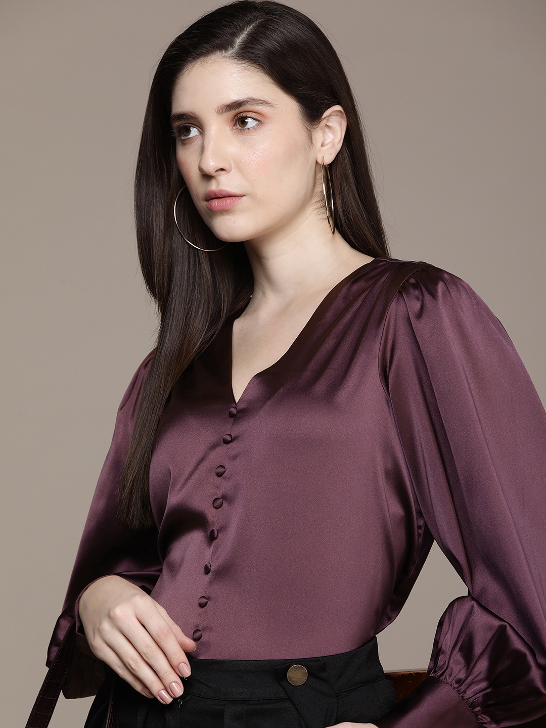 

French Connection Bishop Sleeves Shirt Style Top, Burgundy