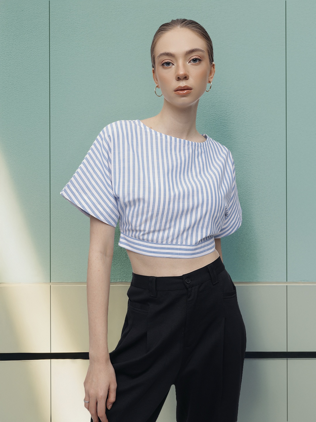 

French Connection Striped Pure Cotton Styled Back Crop Top With Tie-ups Detail, Blue