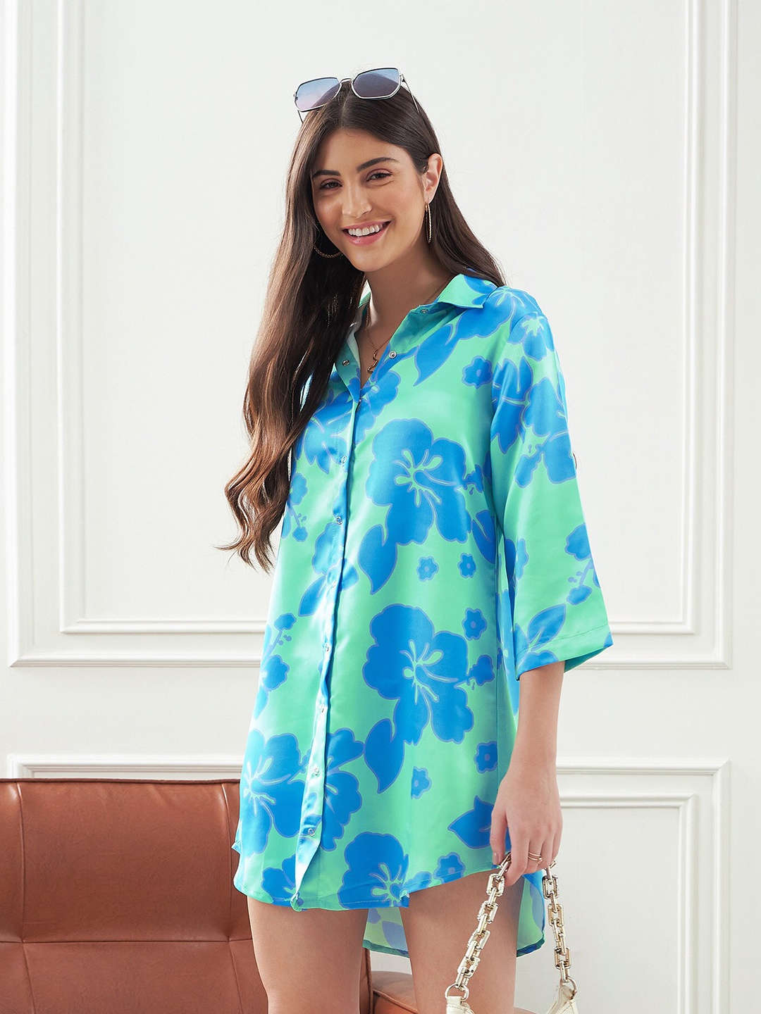 

SASSAFRAS alt-laze Floral Printed Shirt Collar Satin Mini Shirt Dress, Blue