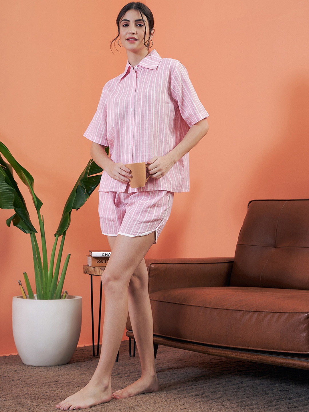 

SASSAFRAS alt-laze Striped Pure Cotton Night suit, Pink