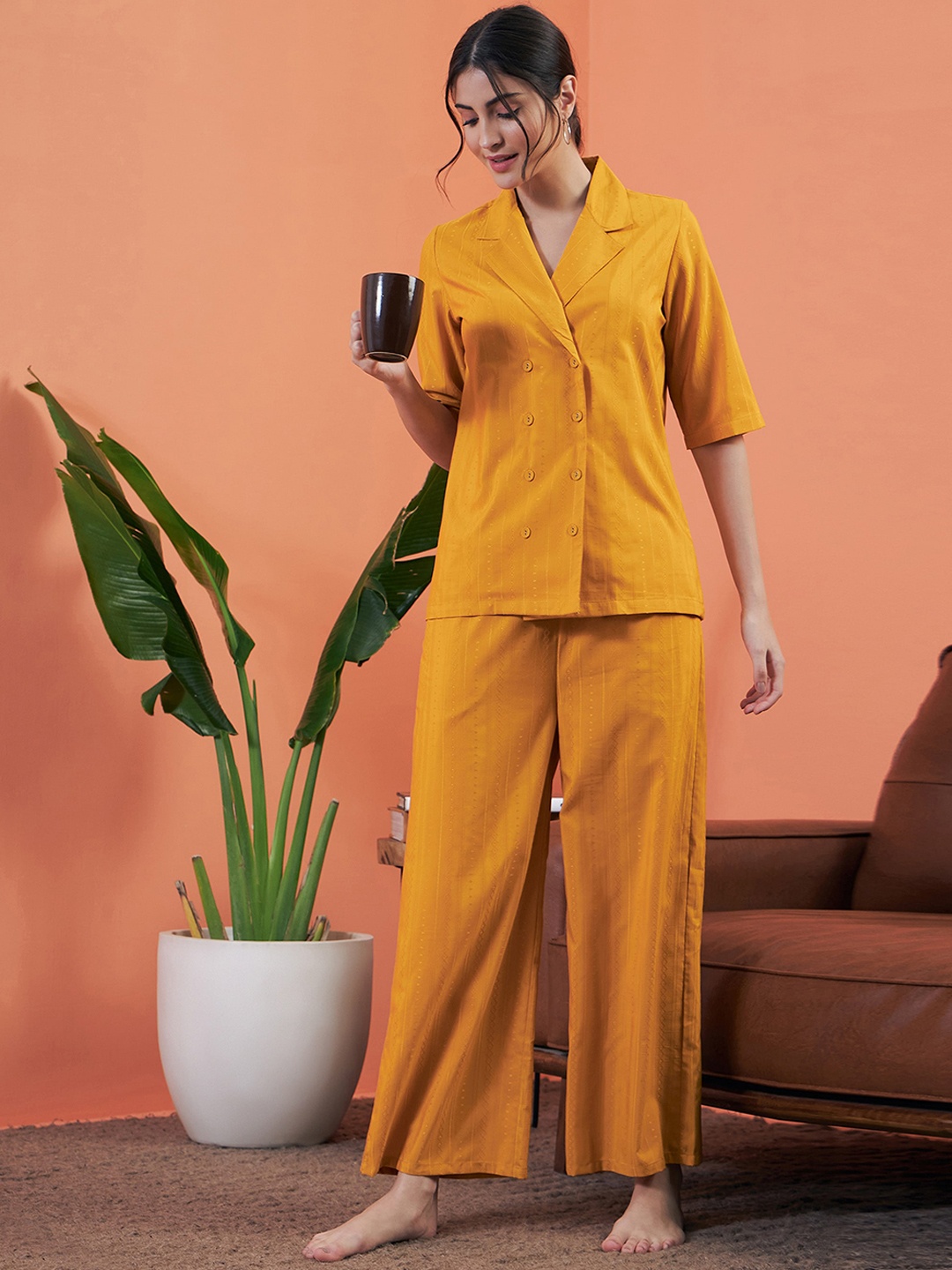 

SASSAFRAS alt-laze Lapel Collar Shirt With Lounge Pants, Mustard