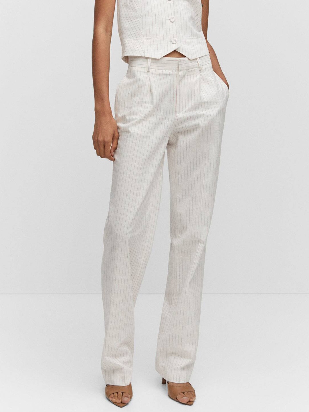 

MANGO Women Straight Fit Pleated Trousers, White