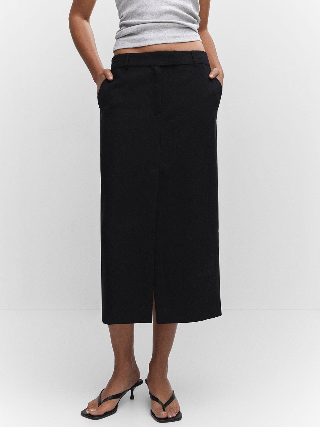 

MANGO Front Slit Straight Midi Skirt, Black
