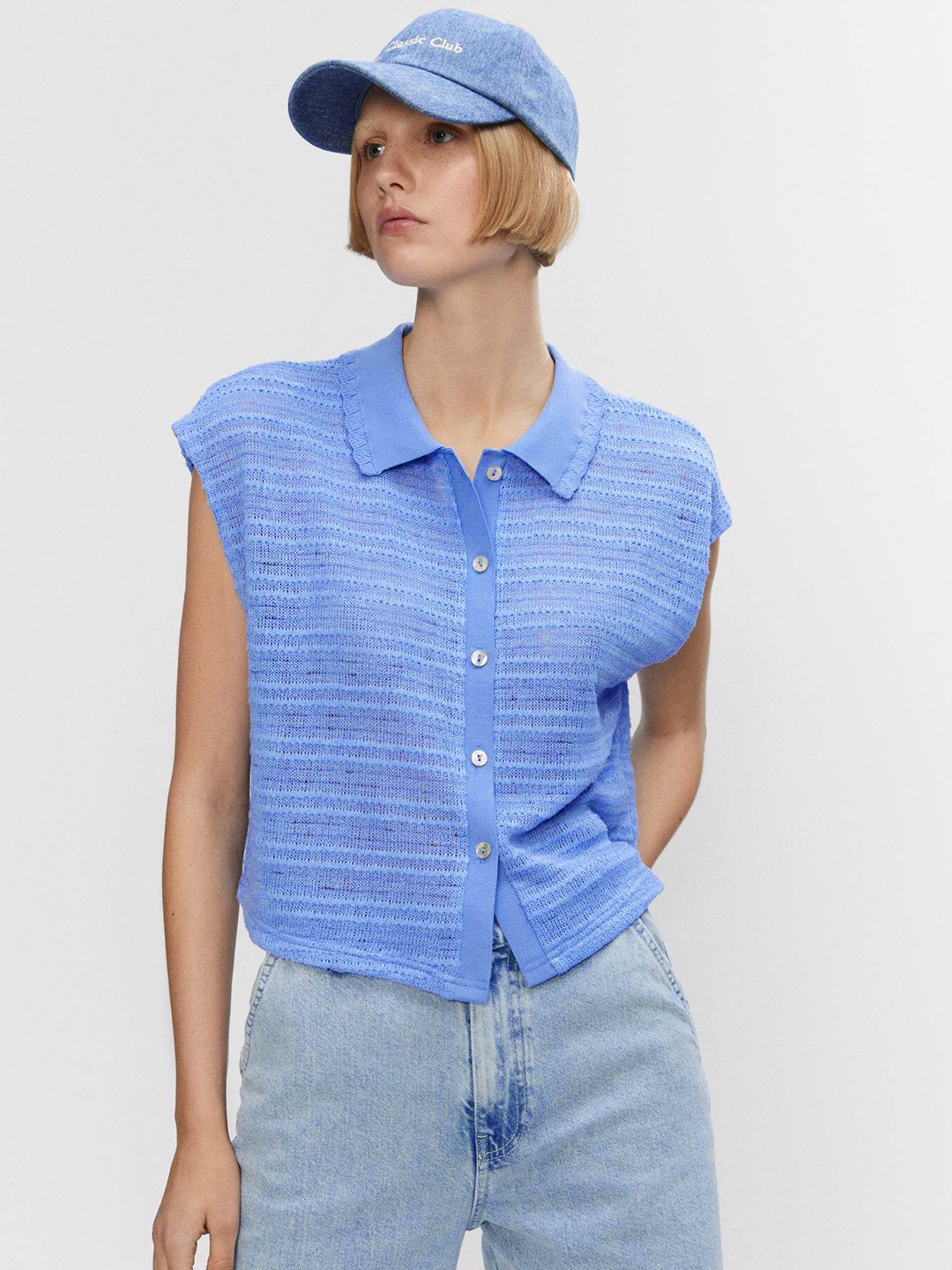 

MANGO Knitted Shirt Style Top, Blue