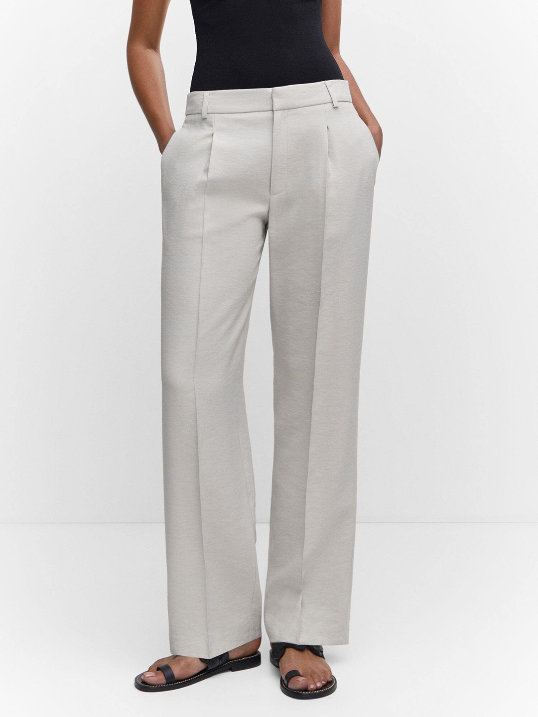 

MANGO Women Straight Fit Pleated Trousers, Off white