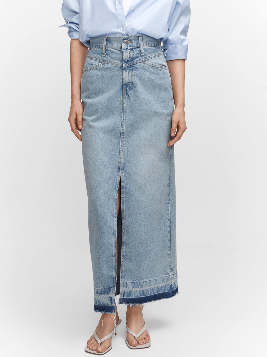 

MANGO Pure Cotton Front Slit Straight Denim Maxi Skirt, Blue