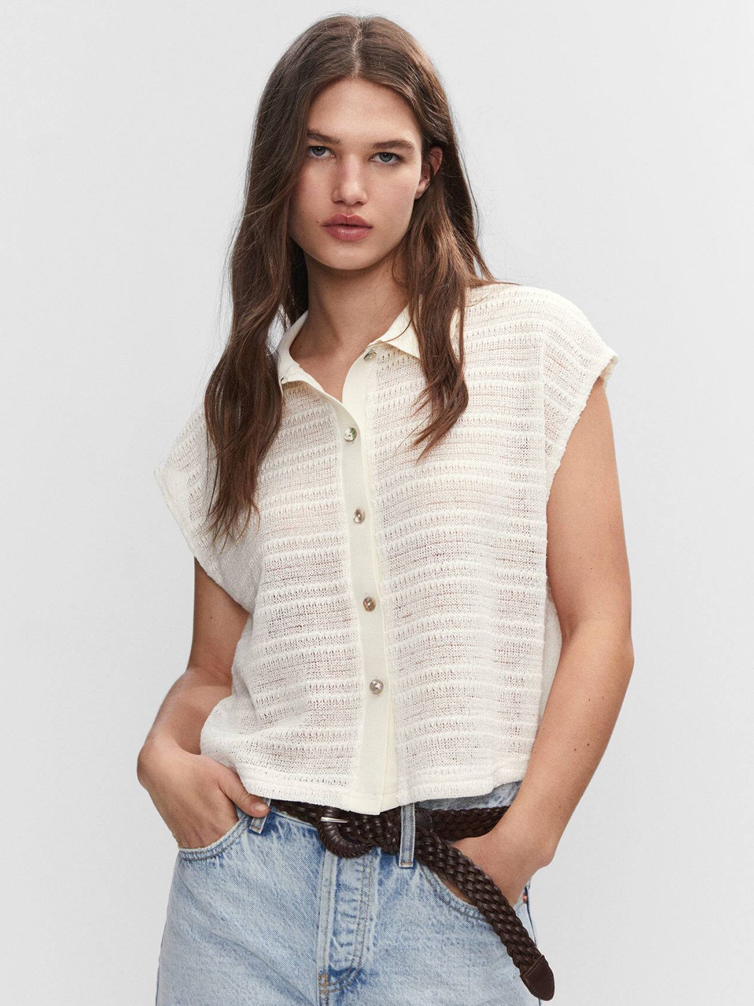 

MANGO Knitted Shirt Style Top, Cream