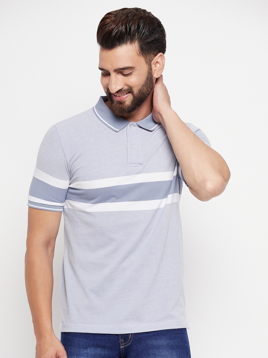 

Austin wood Striped Polo Collar Slim Fit Cotton T-shirt, Grey