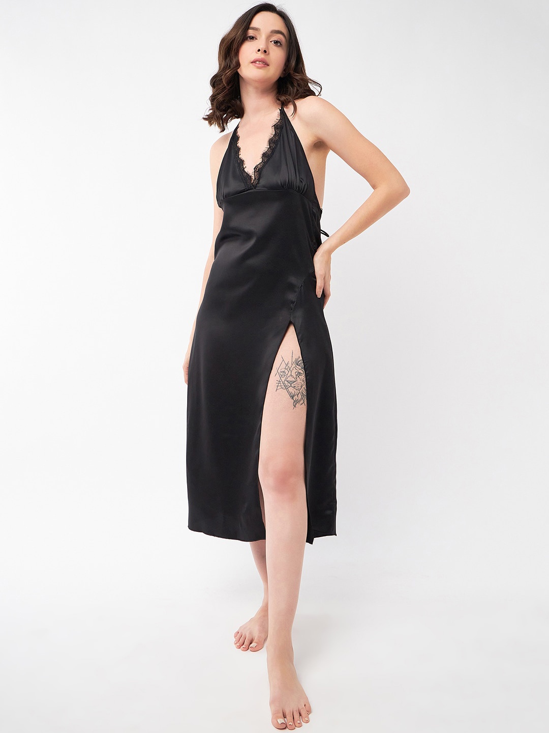 

MAGRE Black Halter Neck Sleeveless Satin Midi Nightdress