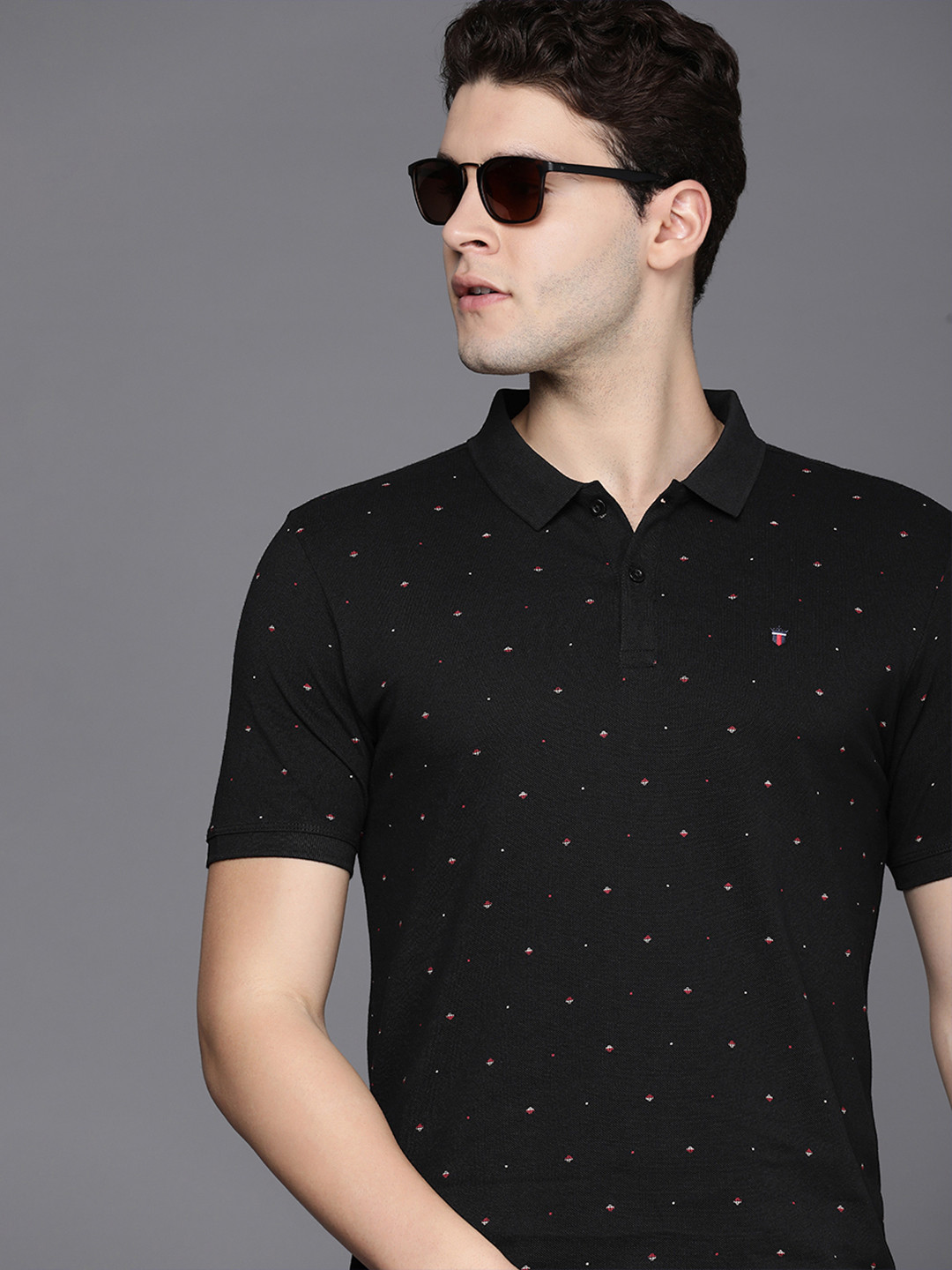

Louis Philippe Jeans Geometric Printed Polo Collar Pure Cotton Slim Fit T-shirt, Black