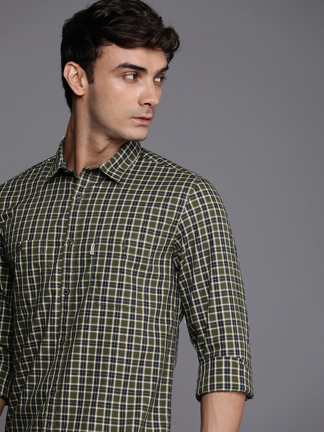 

Louis Philippe Jeans Pure Cotton Super Slim Fit Checked Casual Shirt, Olive