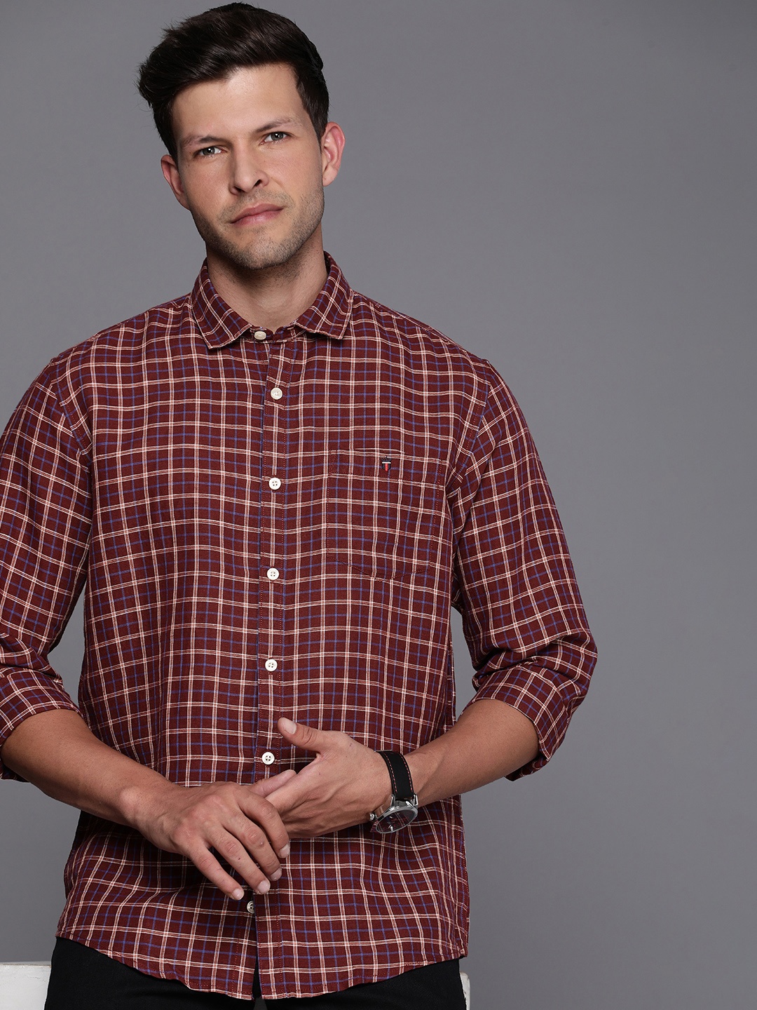 

Louis Philippe Jeans Men Slim Fit Tartan Checks Pure Cotton Casual Shirt, Maroon