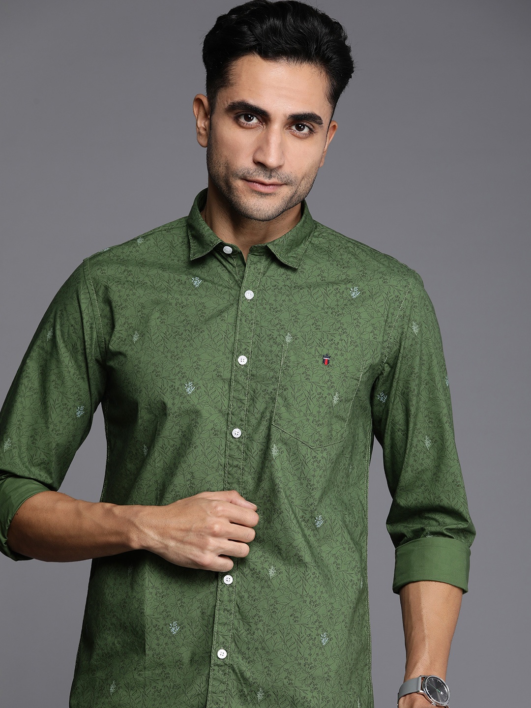 

Louis Philippe Jeans Super Slim Fit Floral Printed Pure Cotton Casual Shirt, Olive