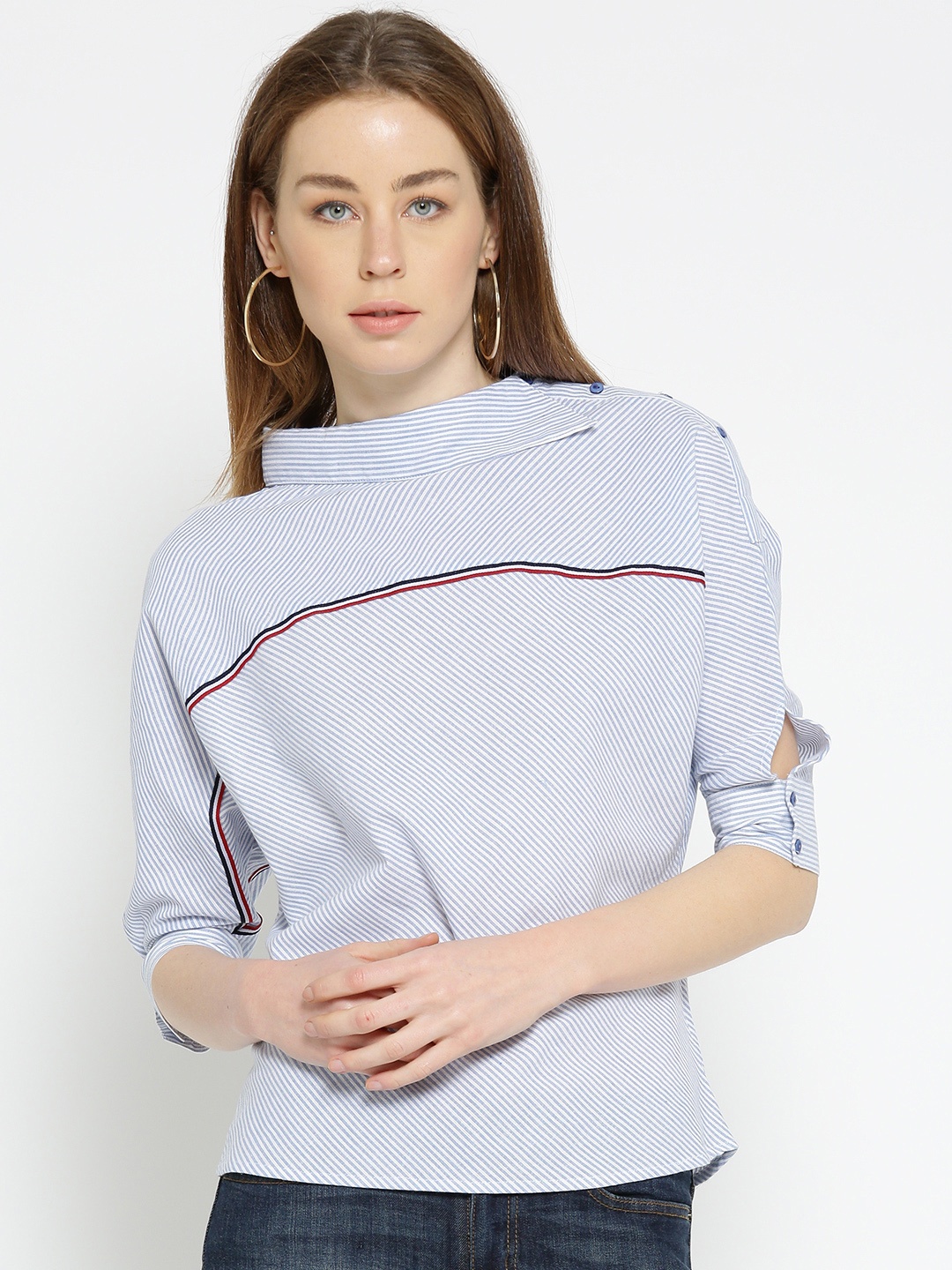 

Noi Women Blue & White Striped Regular Pure Cotton Top