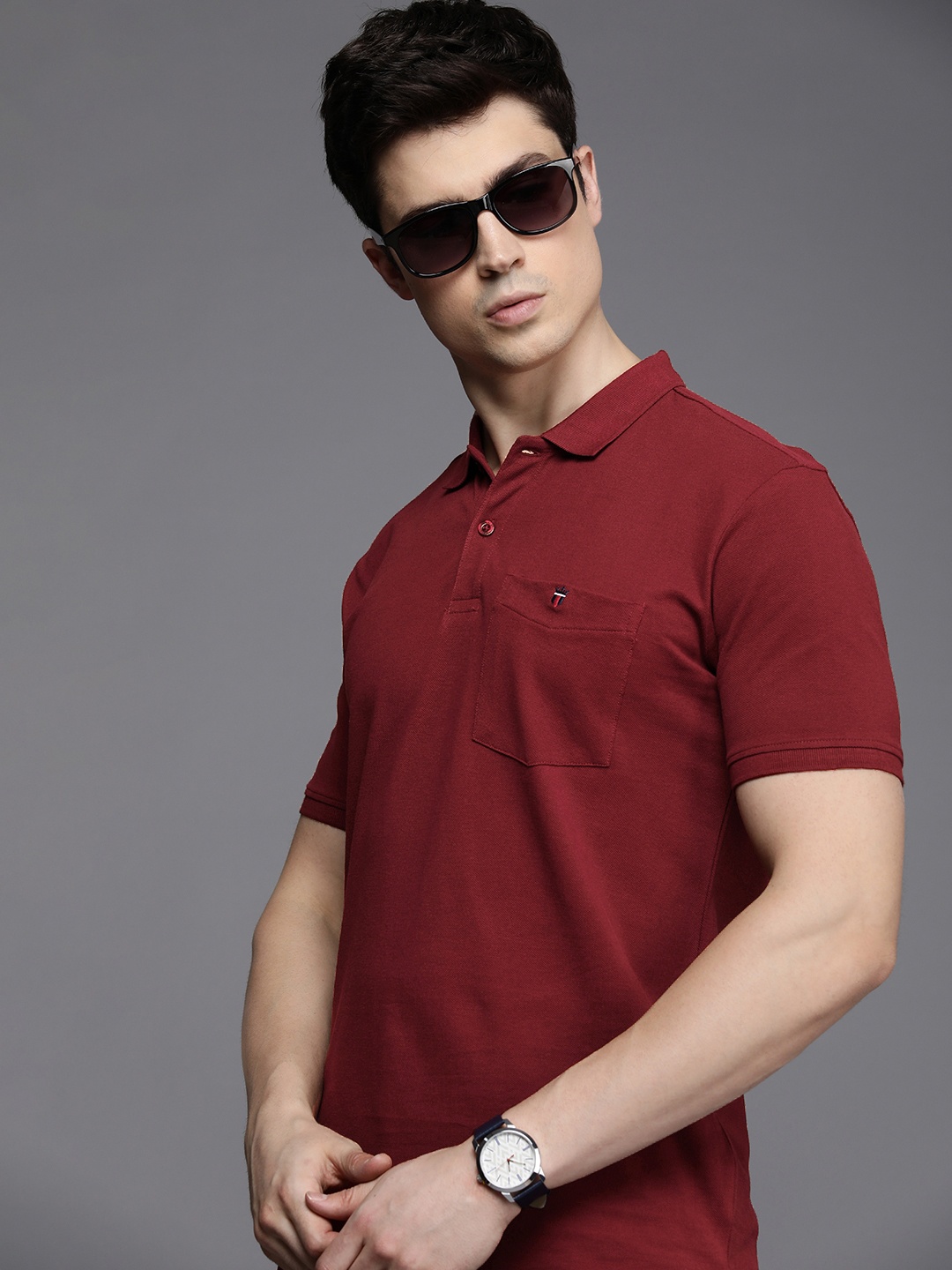 

Louis Philippe Jeans Polo Collar Pure Cotton With Chest Pocket Slim Fit T-shirt, Maroon