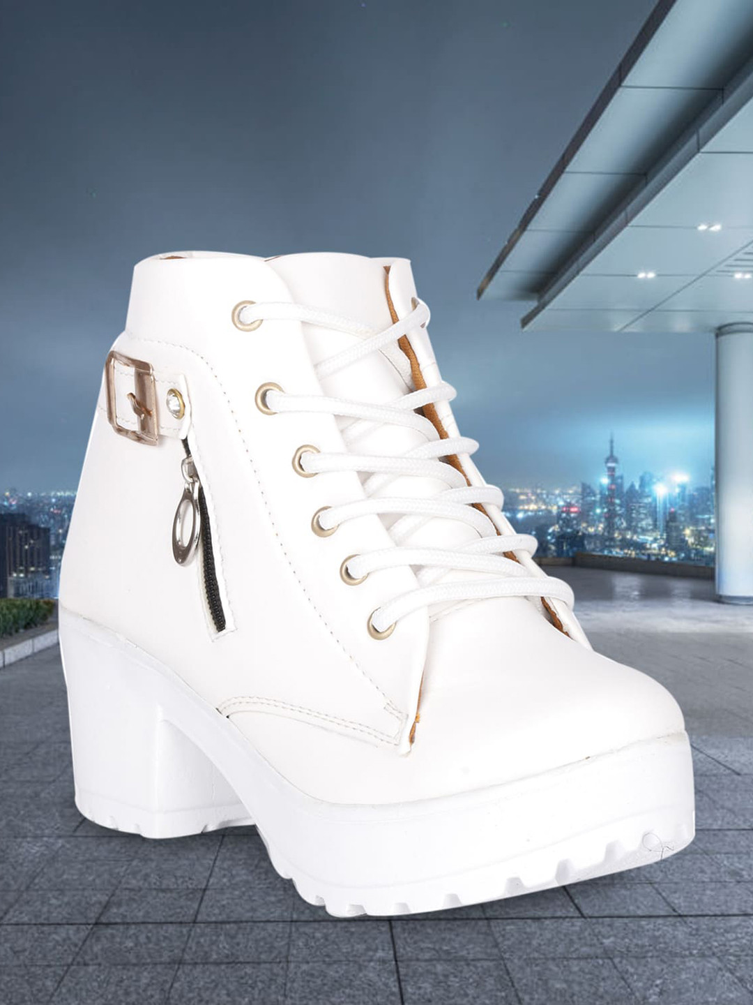 

Krafter Women Buckled Heeled Mid-Top Chunky Boots, White